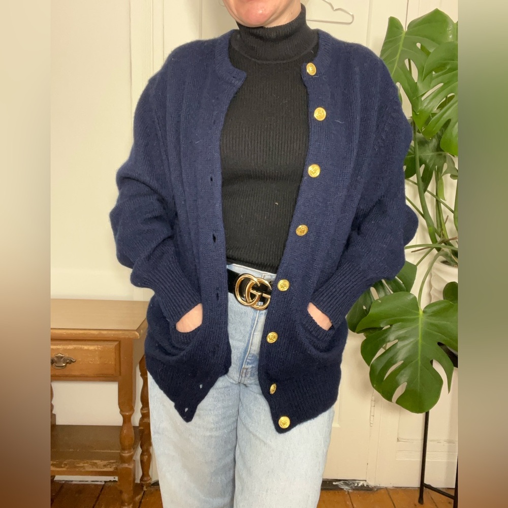 Vintage Navy Wool Cardigan Gold Crest Buttons Preppy Sweater Woodstock Size 40